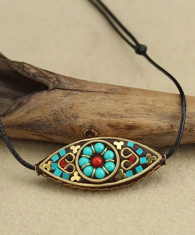 Boho Green Hand Knitting Copper Turquoise Pendant Necklace ML0300