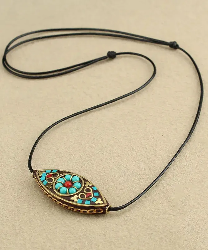 Boho Green Hand Knitting Copper Turquoise Pendant Necklace ML0300