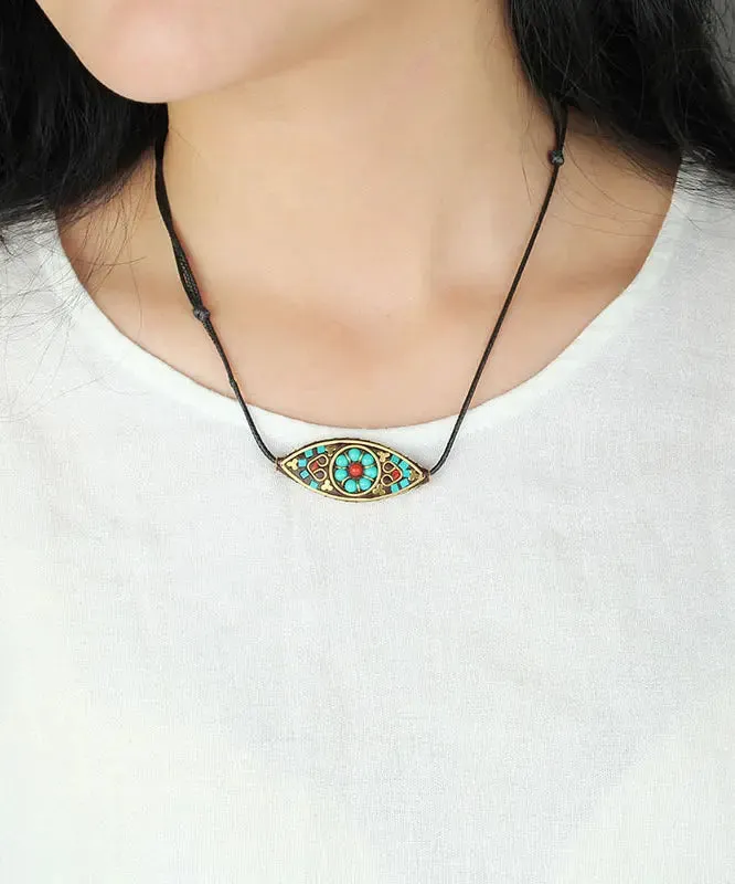 Boho Green Hand Knitting Copper Turquoise Pendant Necklace ML0300