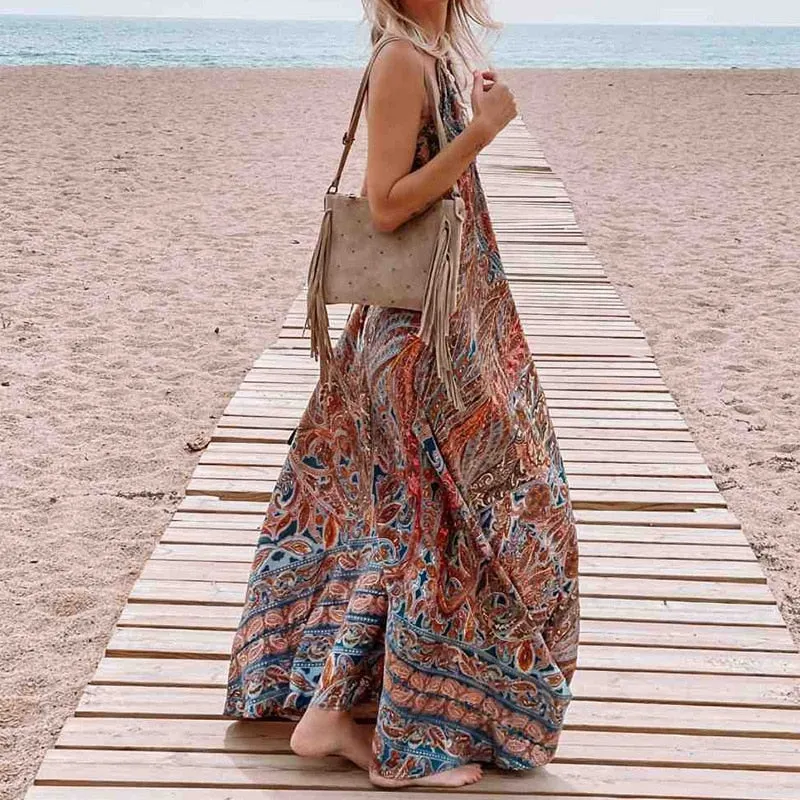 Boho Print Halterneck Sleeveless Dress