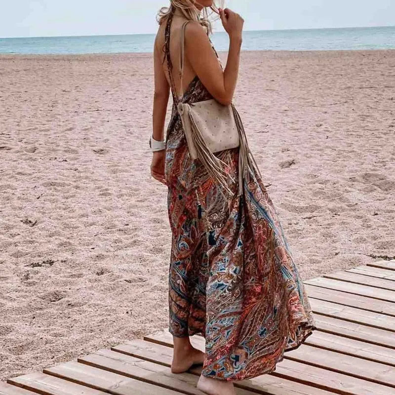 Boho Print Halterneck Sleeveless Dress