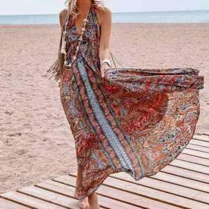 Boho Print Halterneck Sleeveless Dress