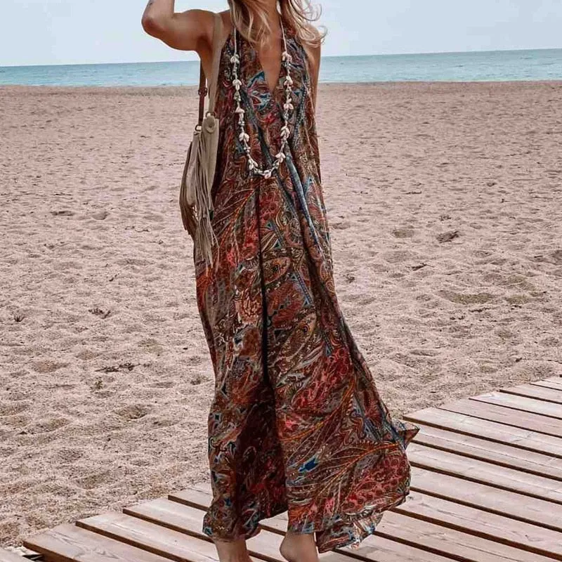 Boho Print Halterneck Sleeveless Dress