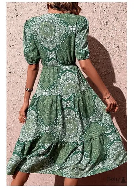 Boho Women's Green Printed Midi Dress Eliza