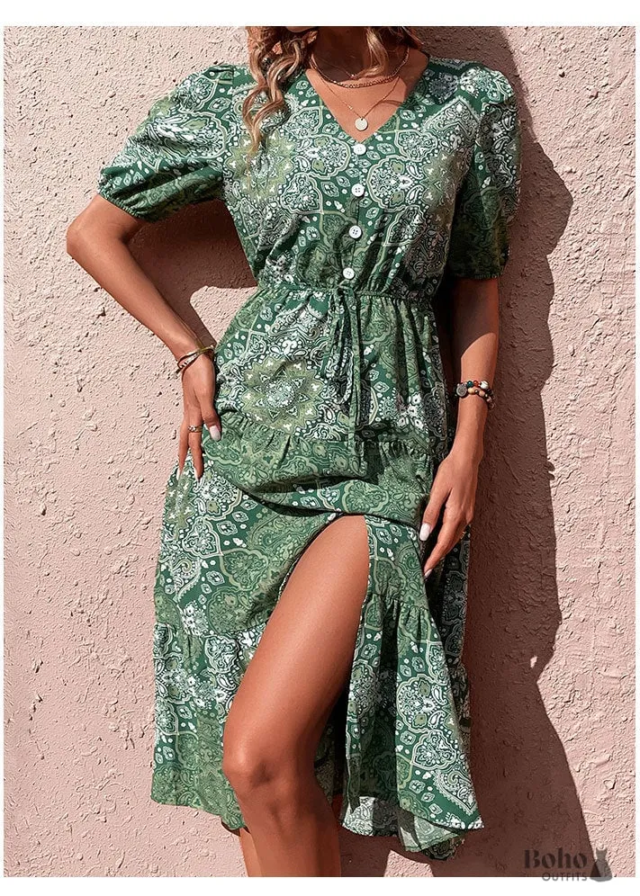 Boho Women's Green Printed Midi Dress Eliza