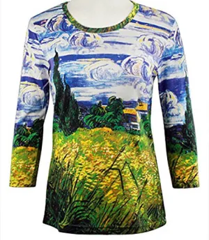 Breeke - Green Wheat Field, Scoop Neck, Hand Silk Screened 3/4 Slv Artistic Top