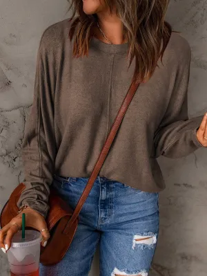 Brown Solid Color Crew Neck Long Sleeve Casual Top