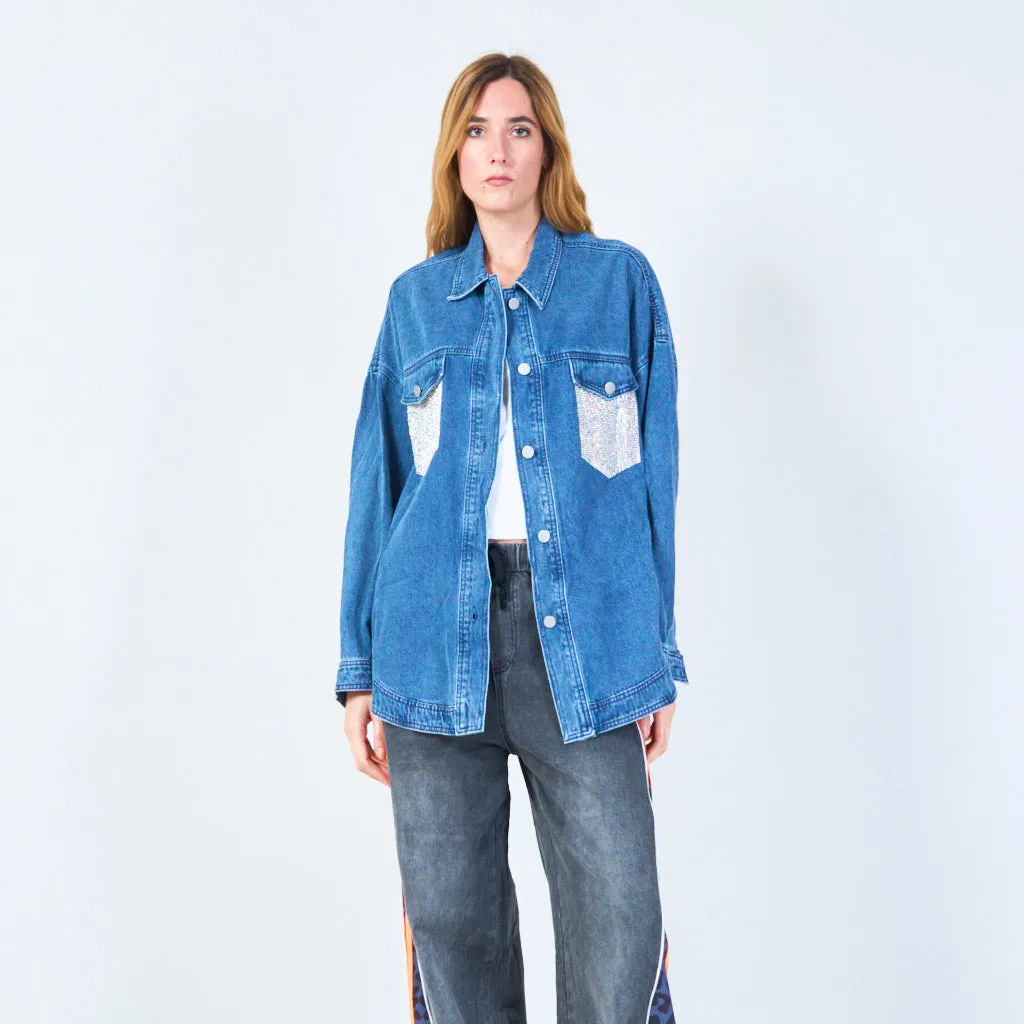 Crystal pocket detail denim jacket wholesale