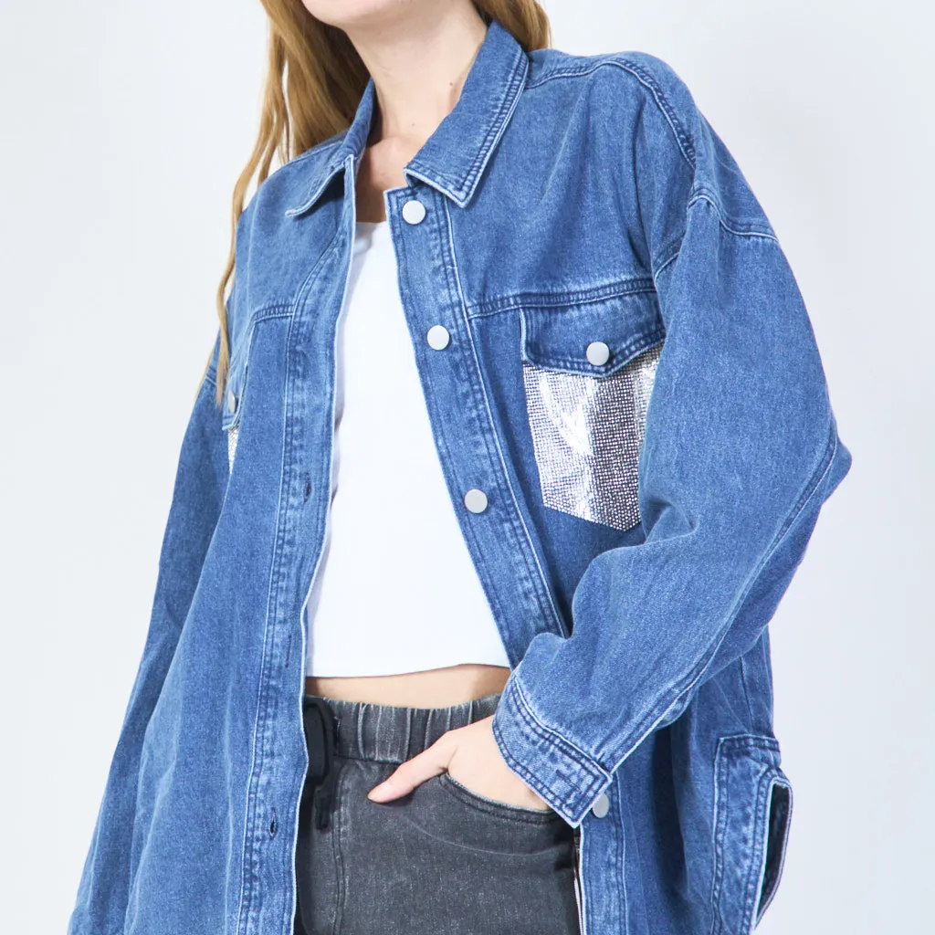 Crystal pocket detail denim jacket wholesale