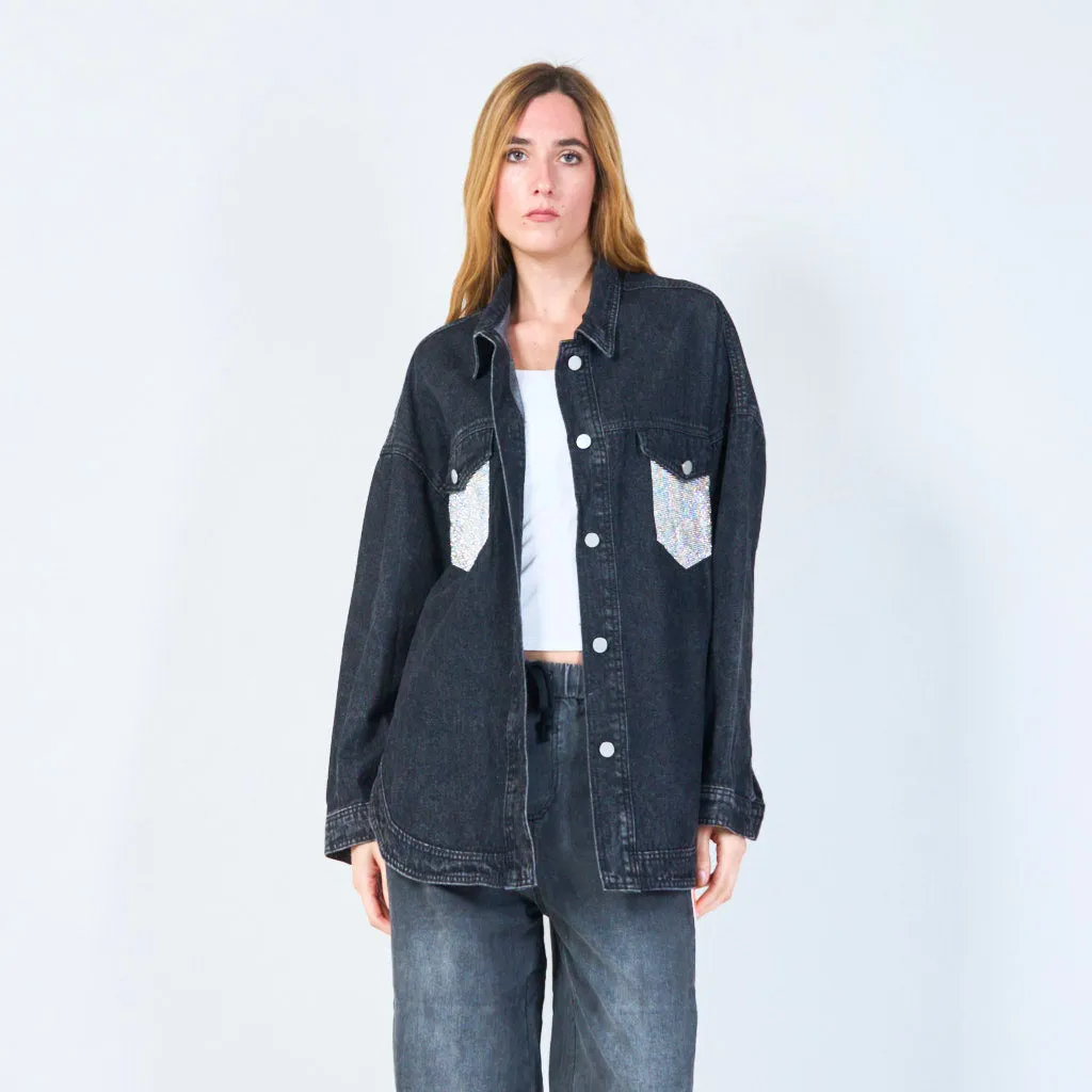 Crystal pocket detail denim jacket wholesale