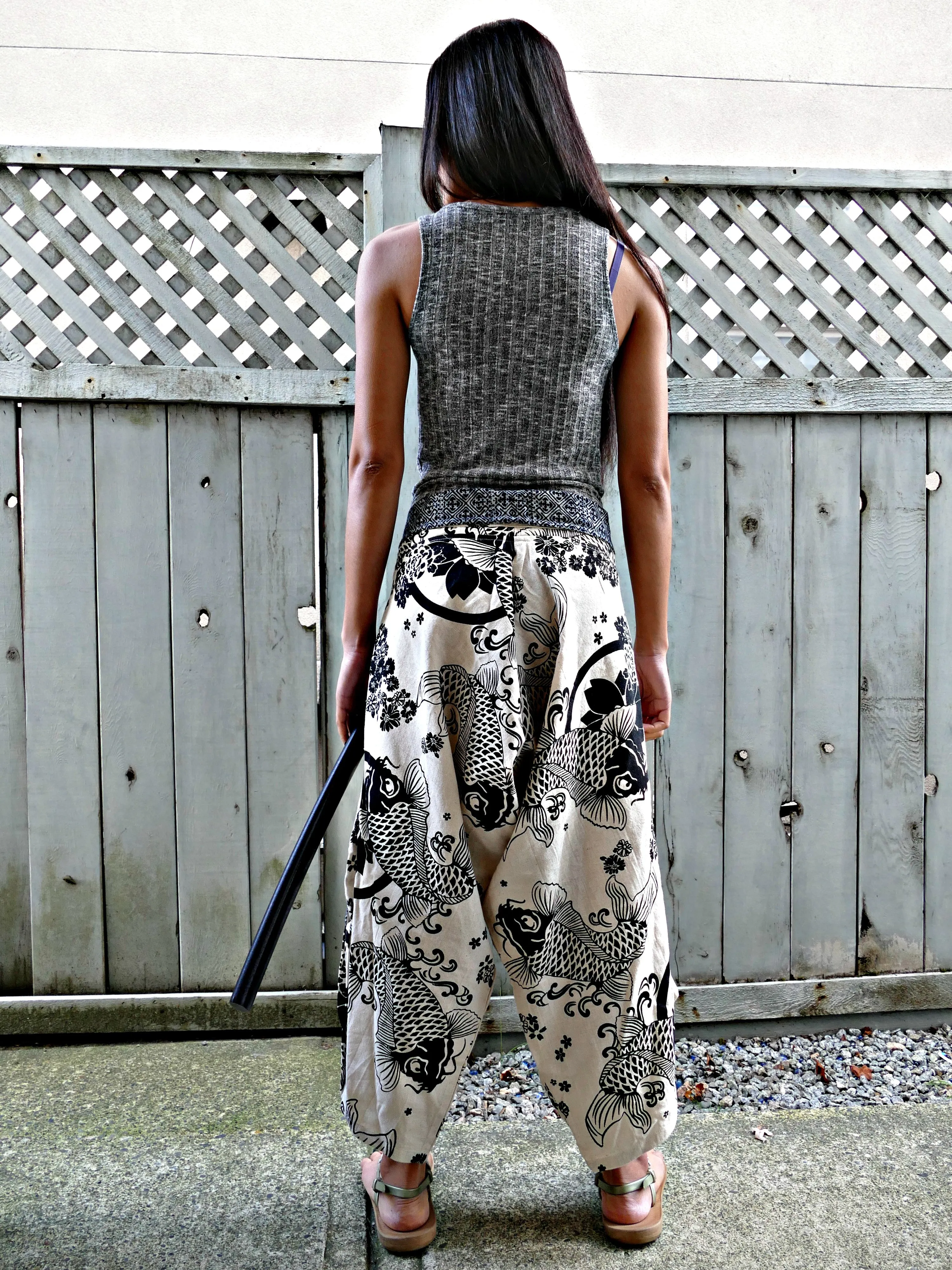 Cute Koi Fish WHITE Waist-Tied Samurai Pants