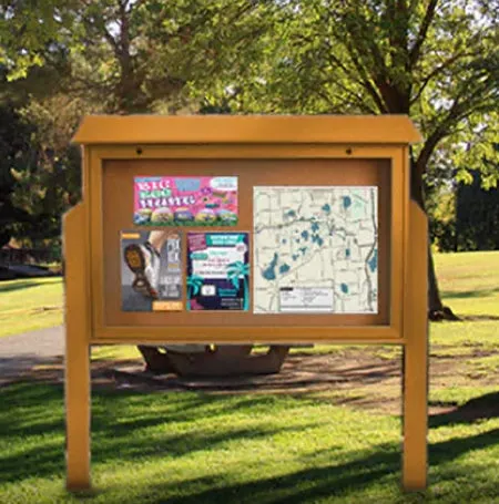 DOUBLE-SIDED Outdoor Message Center Cork Board 45" x 36" with Posts | BOTTOM Hinged