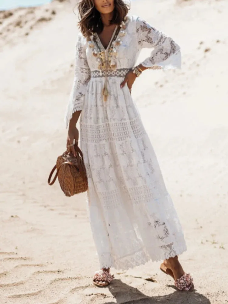 DressBetty - 2024 Retro Boho Lace Maxi Dress White Wedding Boho Dress