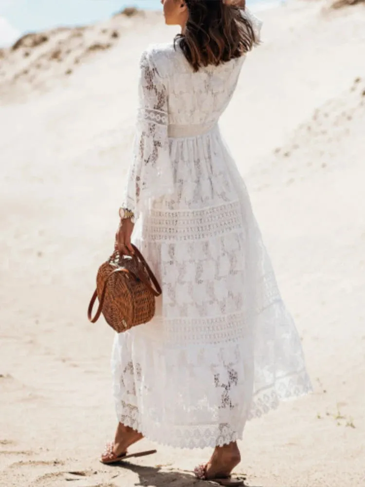 DressBetty - 2024 Retro Boho Lace Maxi Dress White Wedding Boho Dress