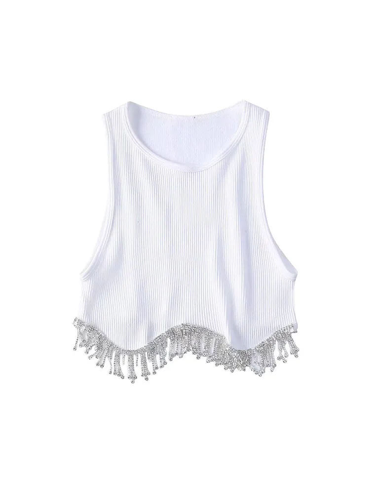 Elegant Solid Irregualr Knitted Tanks Tassel Tanks Crop Top