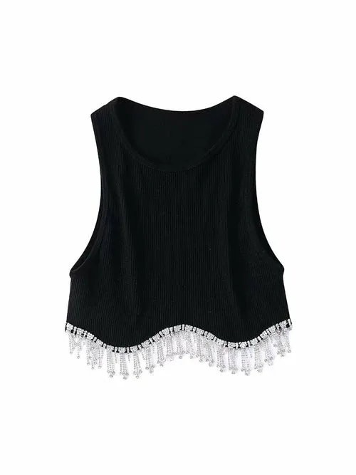 Elegant Solid Irregualr Knitted Tanks Tassel Tanks Crop Top