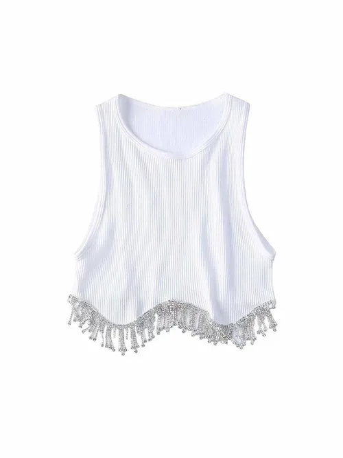 Elegant Solid Irregualr Knitted Tanks Tassel Tanks Crop Top