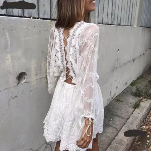 Embroidered Lace White Back tie dress