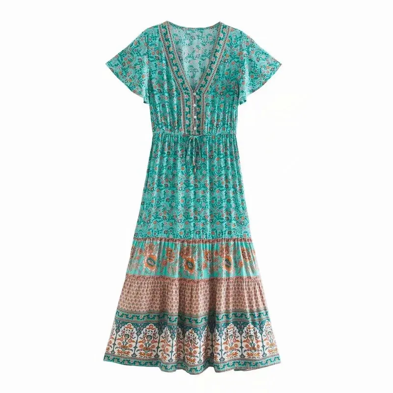 FashionSierra-Green  Cotton  Floral Print  Midi  Vintage  Casual  Long  Summer  V-Neck  Beach Boho Dress