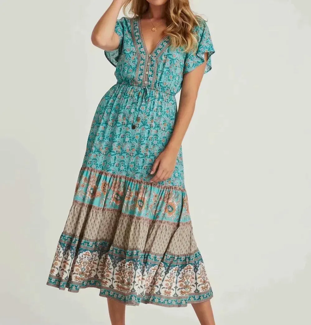 FashionSierra-Green  Cotton  Floral Print  Midi  Vintage  Casual  Long  Summer  V-Neck  Beach Boho Dress