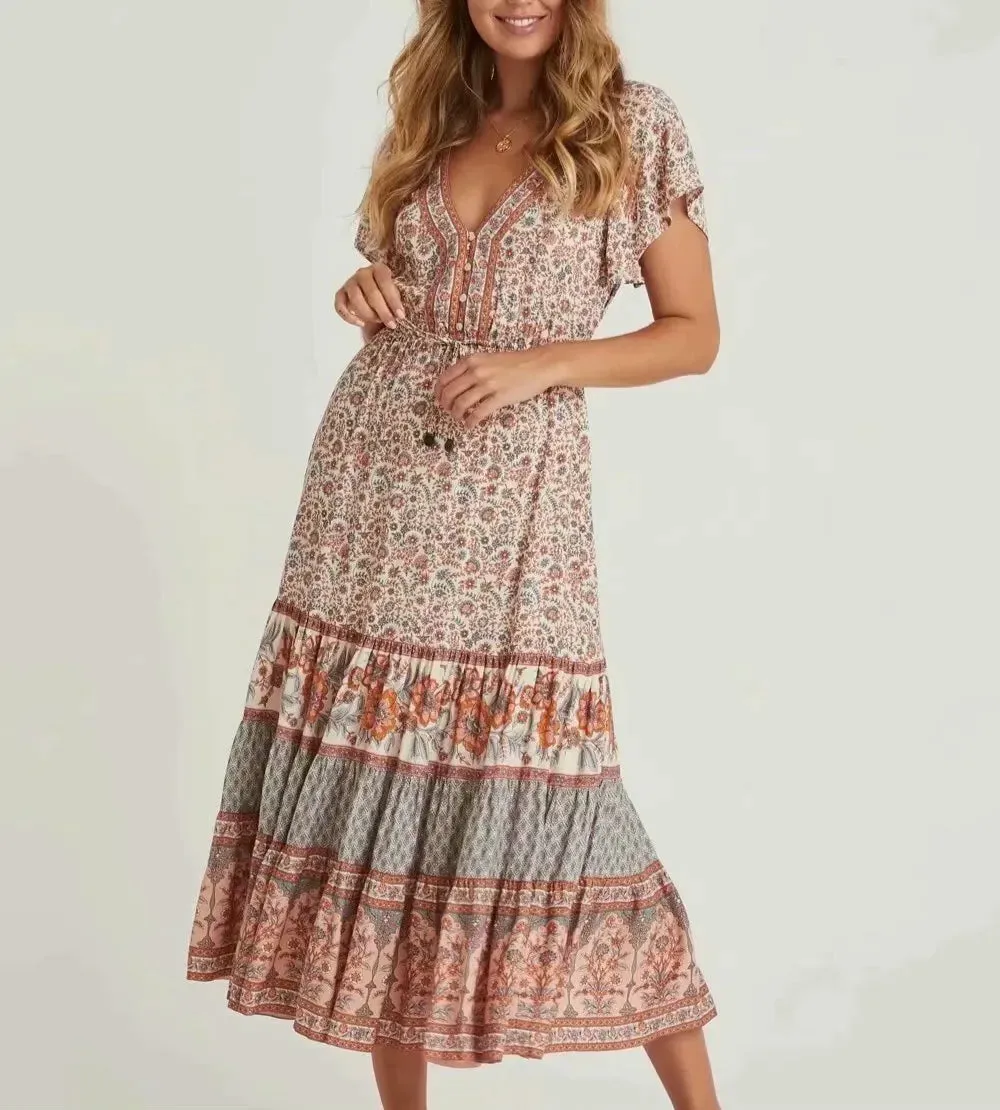 FashionSierra-Green  Cotton  Floral Print  Midi  Vintage  Casual  Long  Summer  V-Neck  Beach Boho Dress