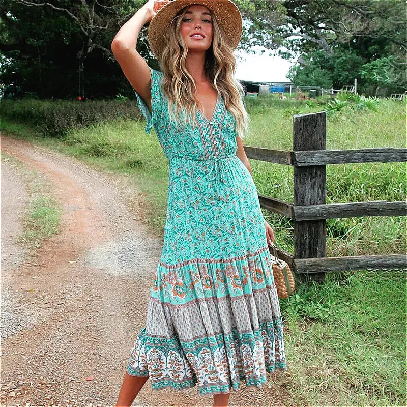 FashionSierra-Green  Cotton  Floral Print  Midi  Vintage  Casual  Long  Summer  V-Neck  Beach Boho Dress