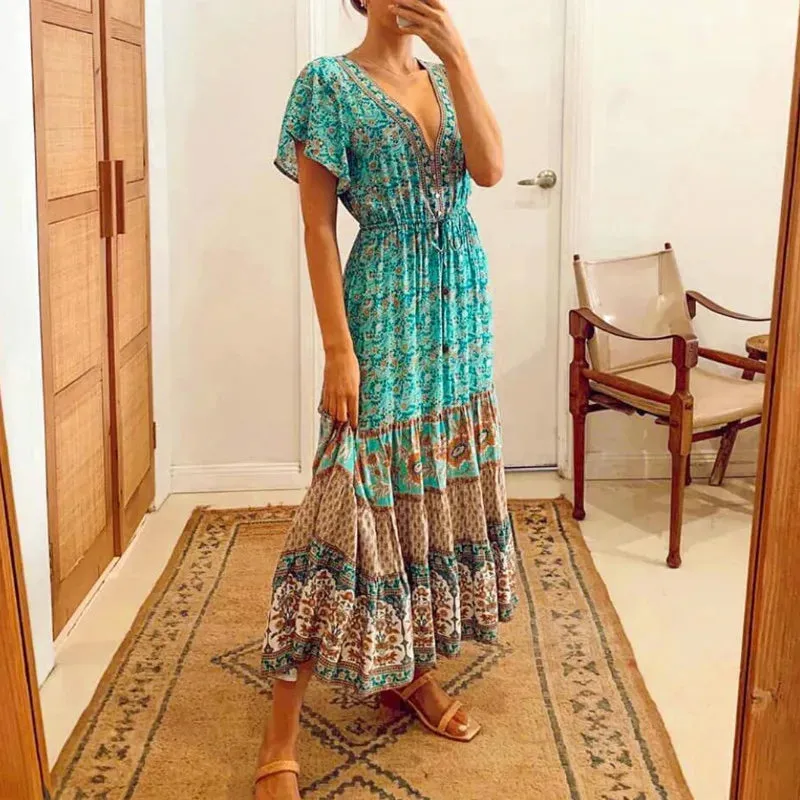 FashionSierra-Green  Cotton  Floral Print  Midi  Vintage  Casual  Long  Summer  V-Neck  Beach Boho Dress