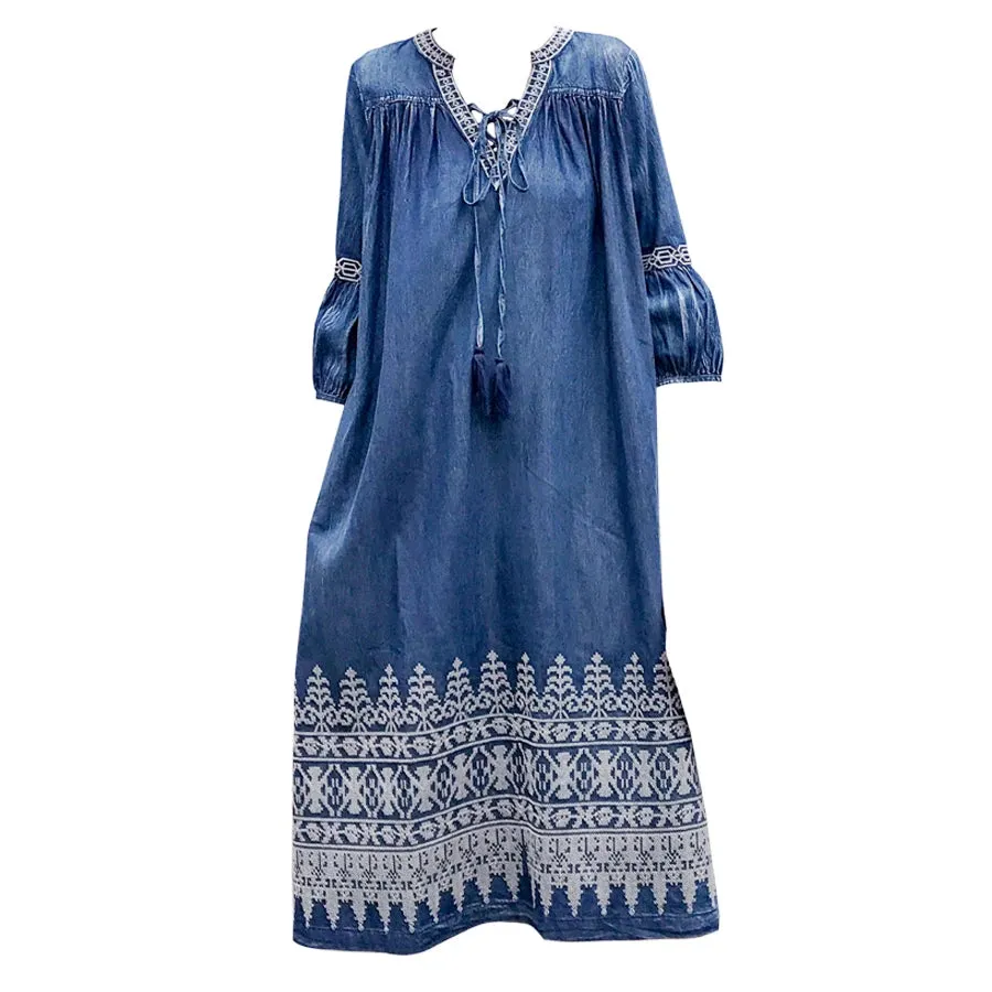 FashionSierra-Midi  Denim  Tunic  Autumn  Blue  Cotton  Ethnic  Floral Embroidery  V-neck  Gypsy Boho Dress