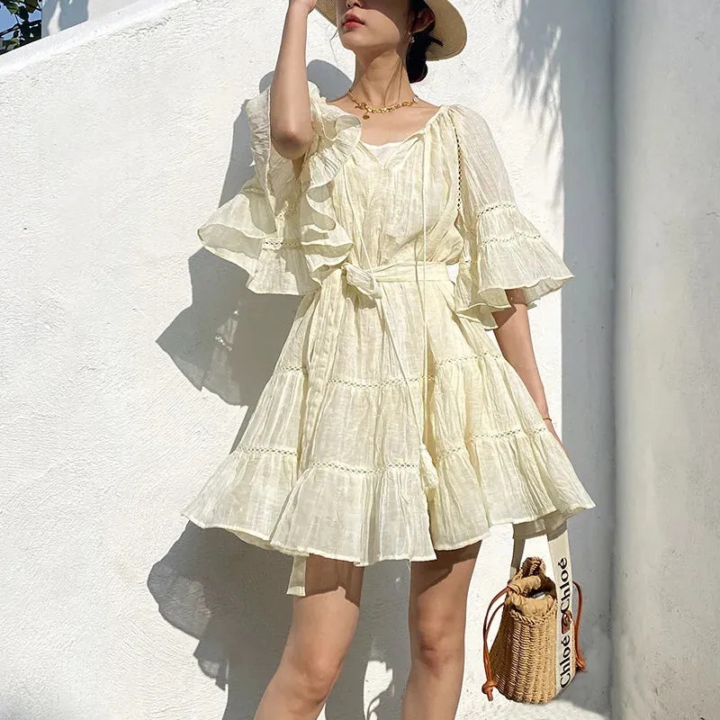 FashionSierra-Ruffles  A-line  Loose  Short  Tassel  Vintage  Soild  Summer  Party Boho Dress