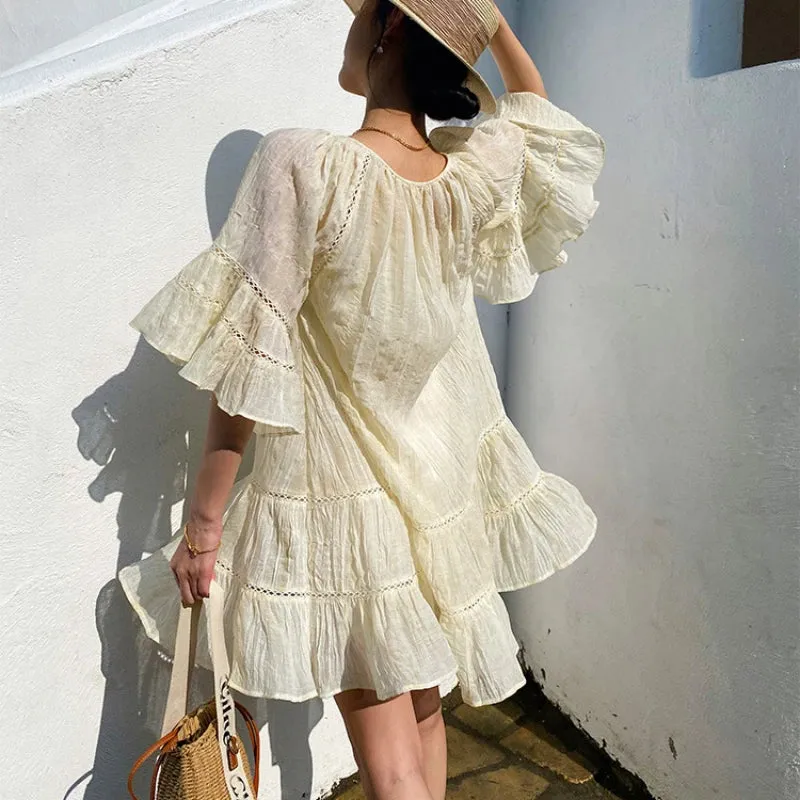 FashionSierra-Ruffles  A-line  Loose  Short  Tassel  Vintage  Soild  Summer  Party Boho Dress