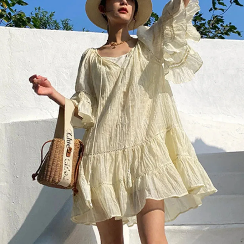 FashionSierra-Ruffles  A-line  Loose  Short  Tassel  Vintage  Soild  Summer  Party Boho Dress