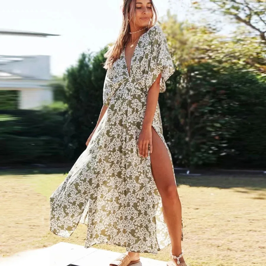 FashionSierra-Sexy  Deep V Neck  Maxi  Women  Vestidos  2024  Vintage Floral Print  Side Split  Summer  Beach  Casual Boho Dress