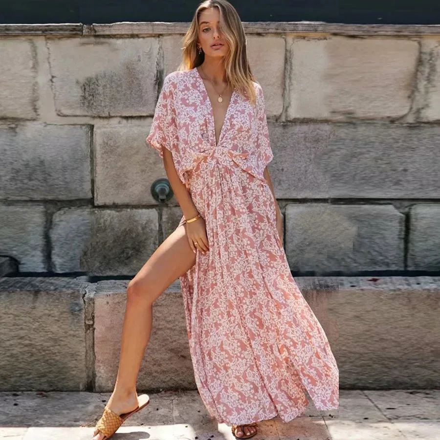 FashionSierra-Sexy  Deep V Neck  Maxi  Women  Vestidos  2024  Vintage Floral Print  Side Split  Summer  Beach  Casual Boho Dress