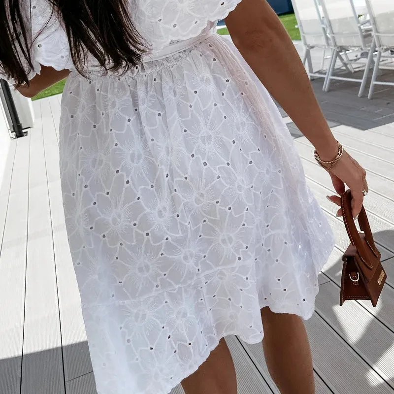 FashionSierra-Sexy  Off Shoulder  Mini  White  Floral Embroidery  Lace  Casual  Short  Beach Wear  Party Boho Dress