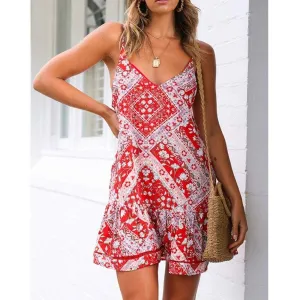 FashionSierra - Women Boho Floral Dress Sleeveless Beach Dress Sundress Summer Deep V Neck Backless Loose Dresses