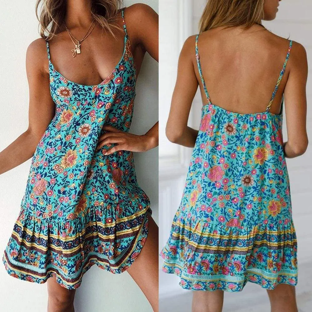 FashionSierra - Women Boho Floral Dress Sleeveless Beach Dress Sundress Summer Deep V Neck Backless Loose Dresses