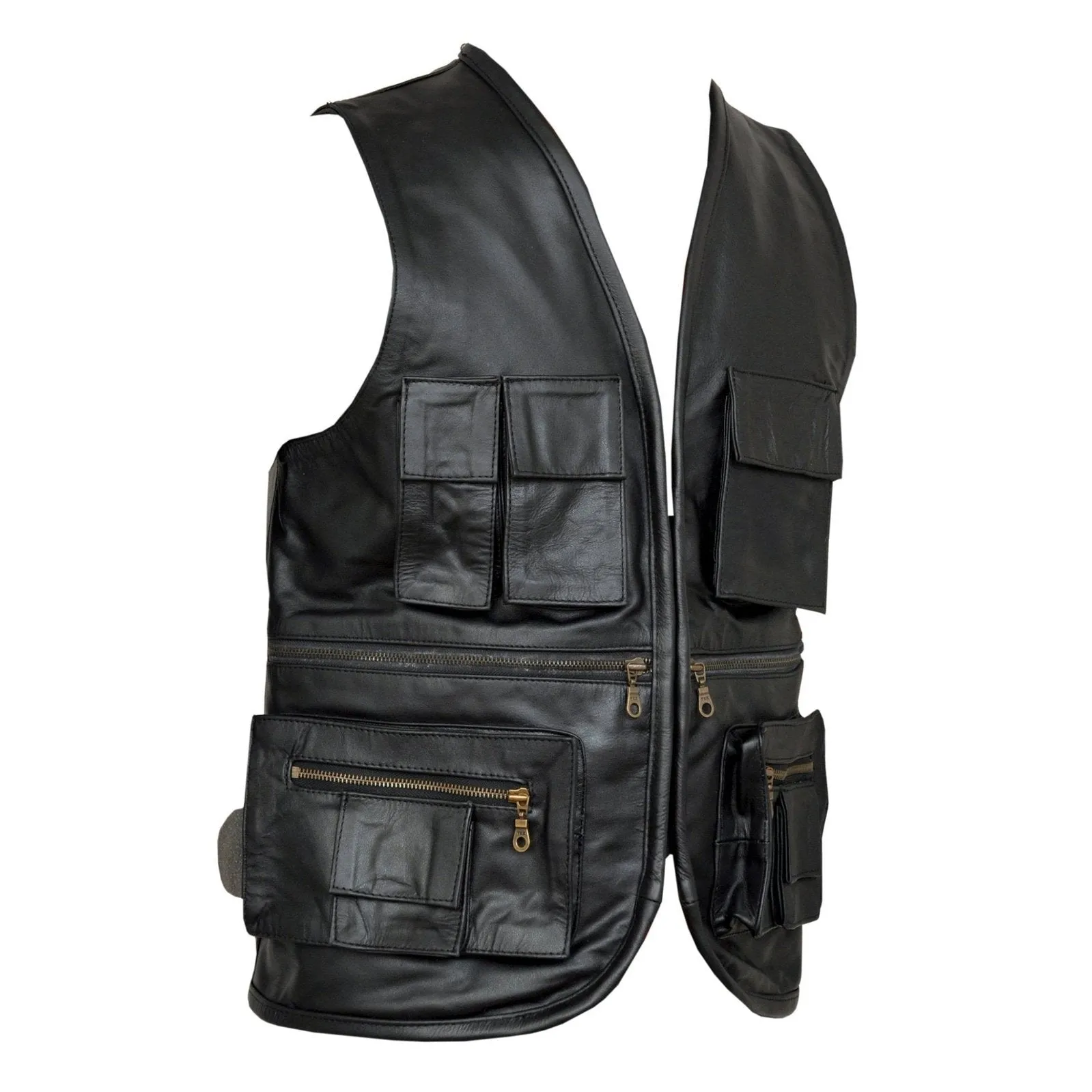 Fisherman Multi-Pockets Black Leather Motorcycle Vest Waistcoat