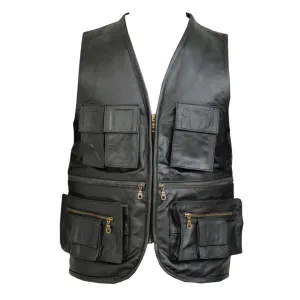 Fisherman Multi-Pockets Black Leather Motorcycle Vest Waistcoat