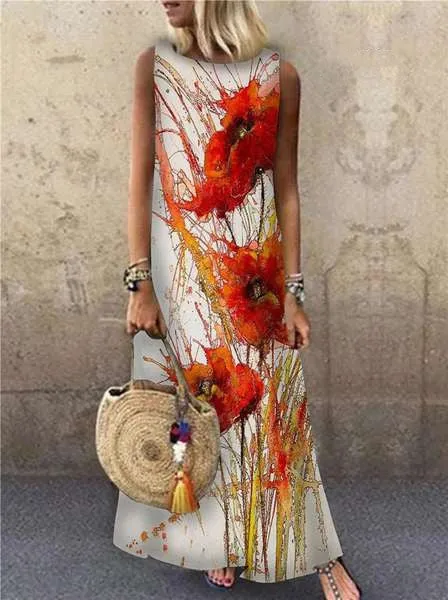 Floral Printed Sleeveless Casual Wholesale Maxi Dresses Round Neck Vacation Dresses