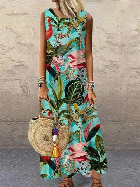 Floral Printed Sleeveless Casual Wholesale Maxi Dresses Round Neck Vacation Dresses