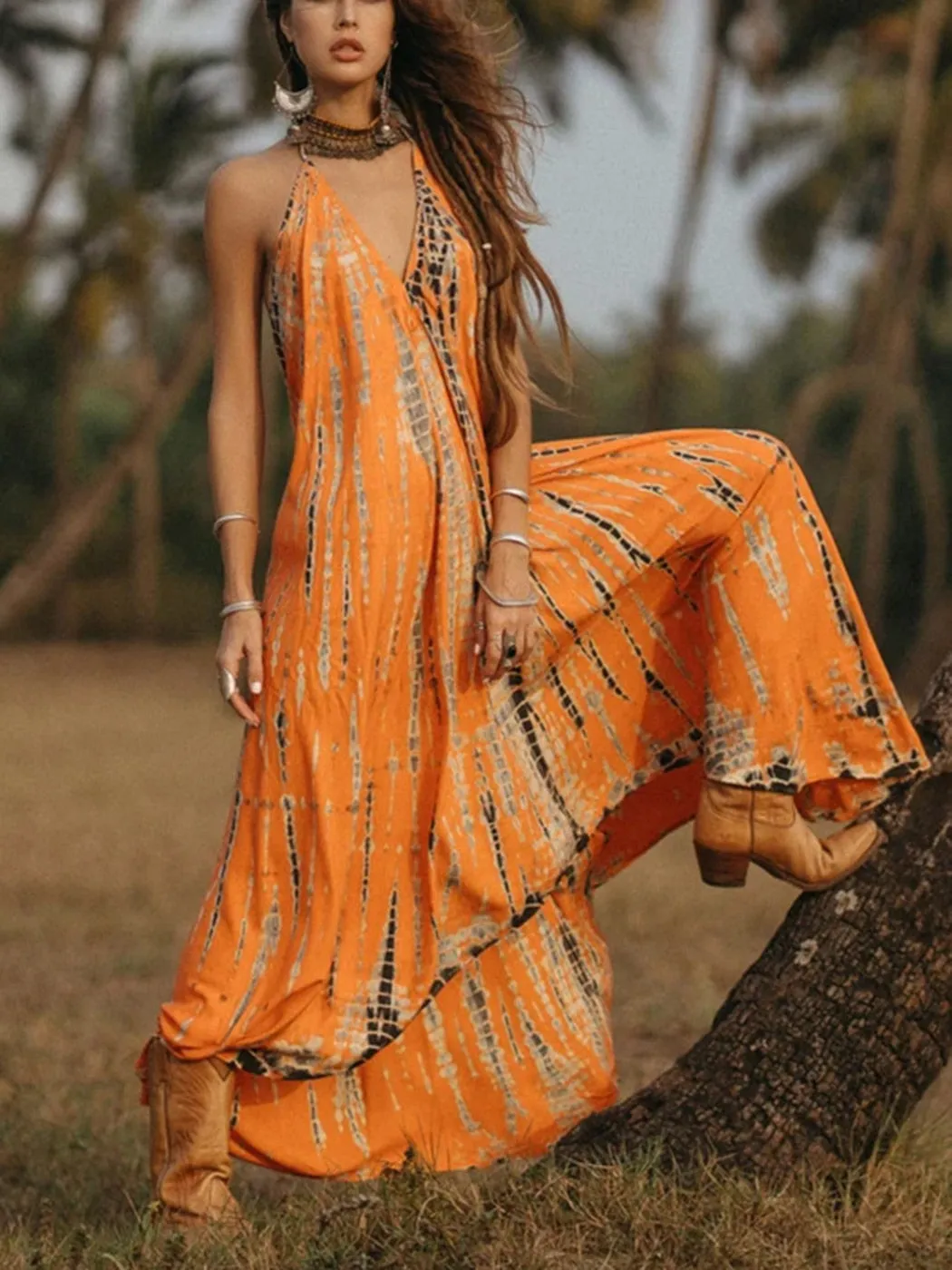 Halter Tie Backless Boho Dress - Multiple prints