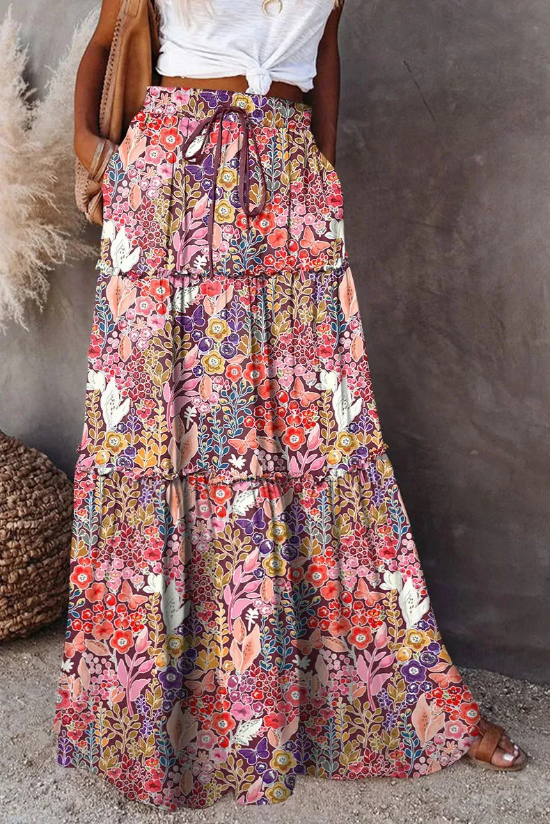 High Waist Long Printed A-Line Skirt Floral Skirt