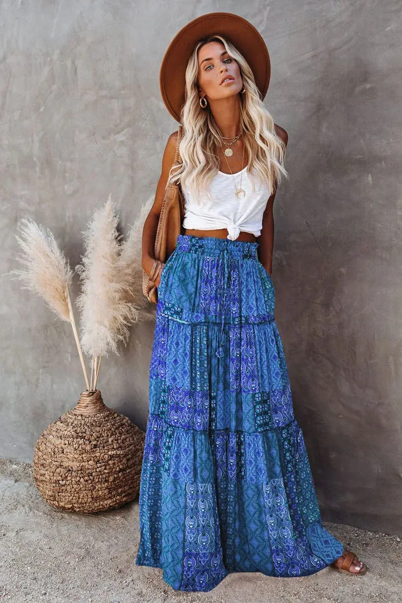 High Waist Long Printed A-Line Skirt Floral Skirt