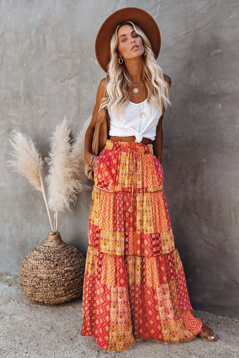 High Waist Long Printed A-Line Skirt Floral Skirt