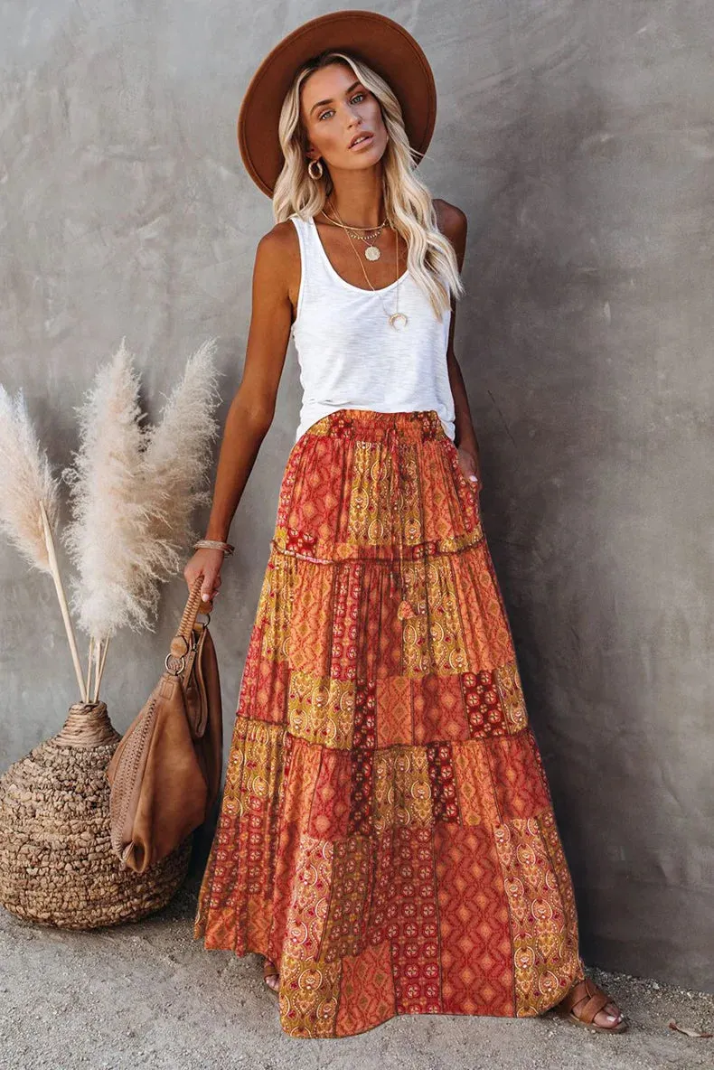 High Waist Long Printed A-Line Skirt Floral Skirt