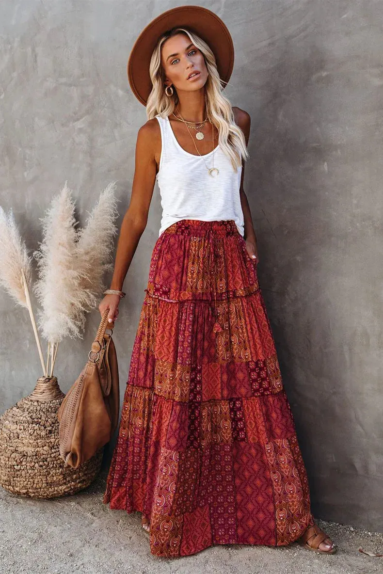 High Waist Long Printed A-Line Skirt Floral Skirt