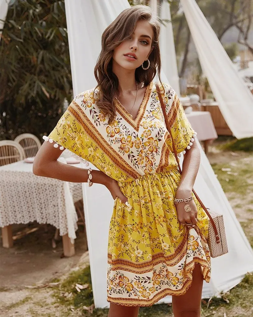 JuliaFashion - 2024 Short Sleeve Geometric Print Boho Dress