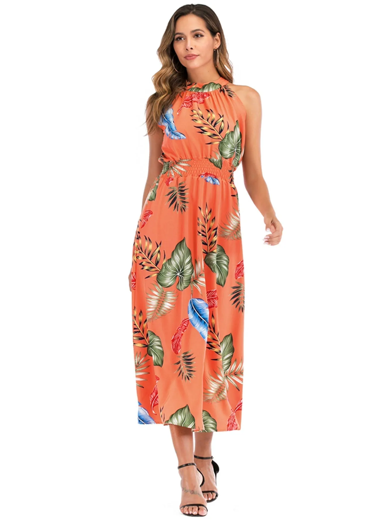 KittenAlarm - Boho Floral Elastic Waist Halter Dress