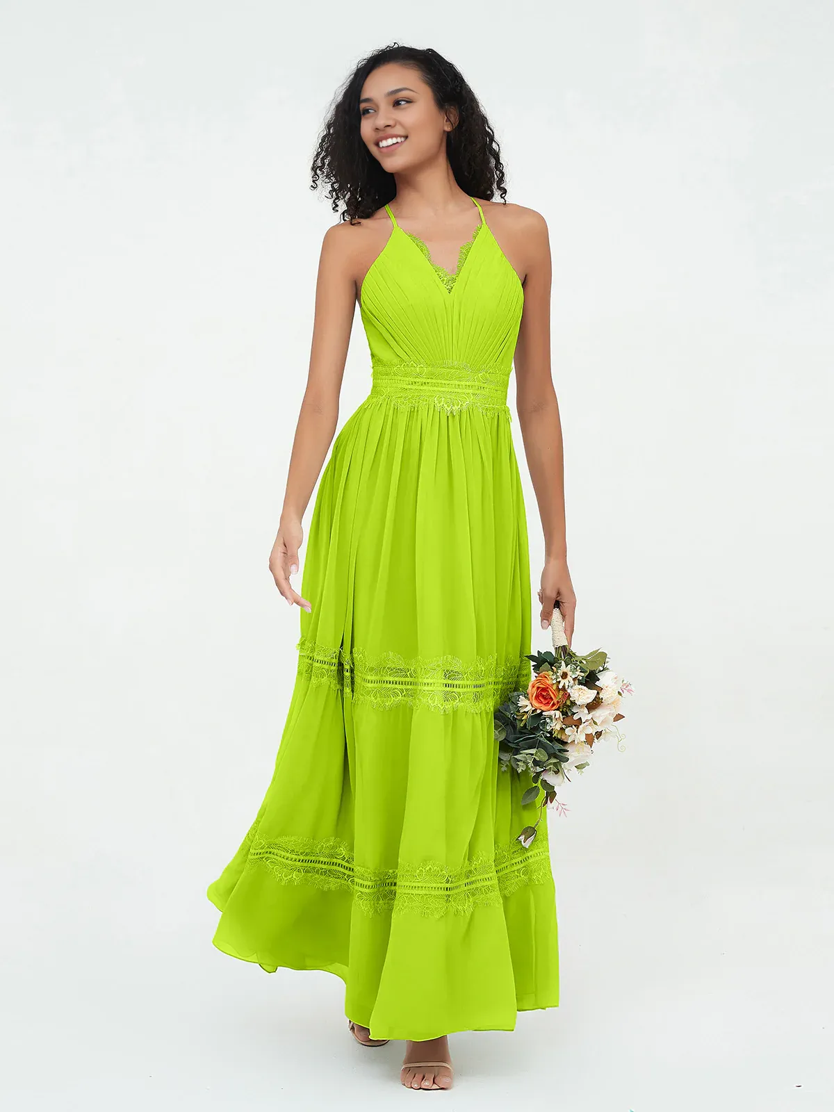 Lace and Chiffon Tiered Skirt Boho Dresses-Lime Green Bridesmaid Dresses