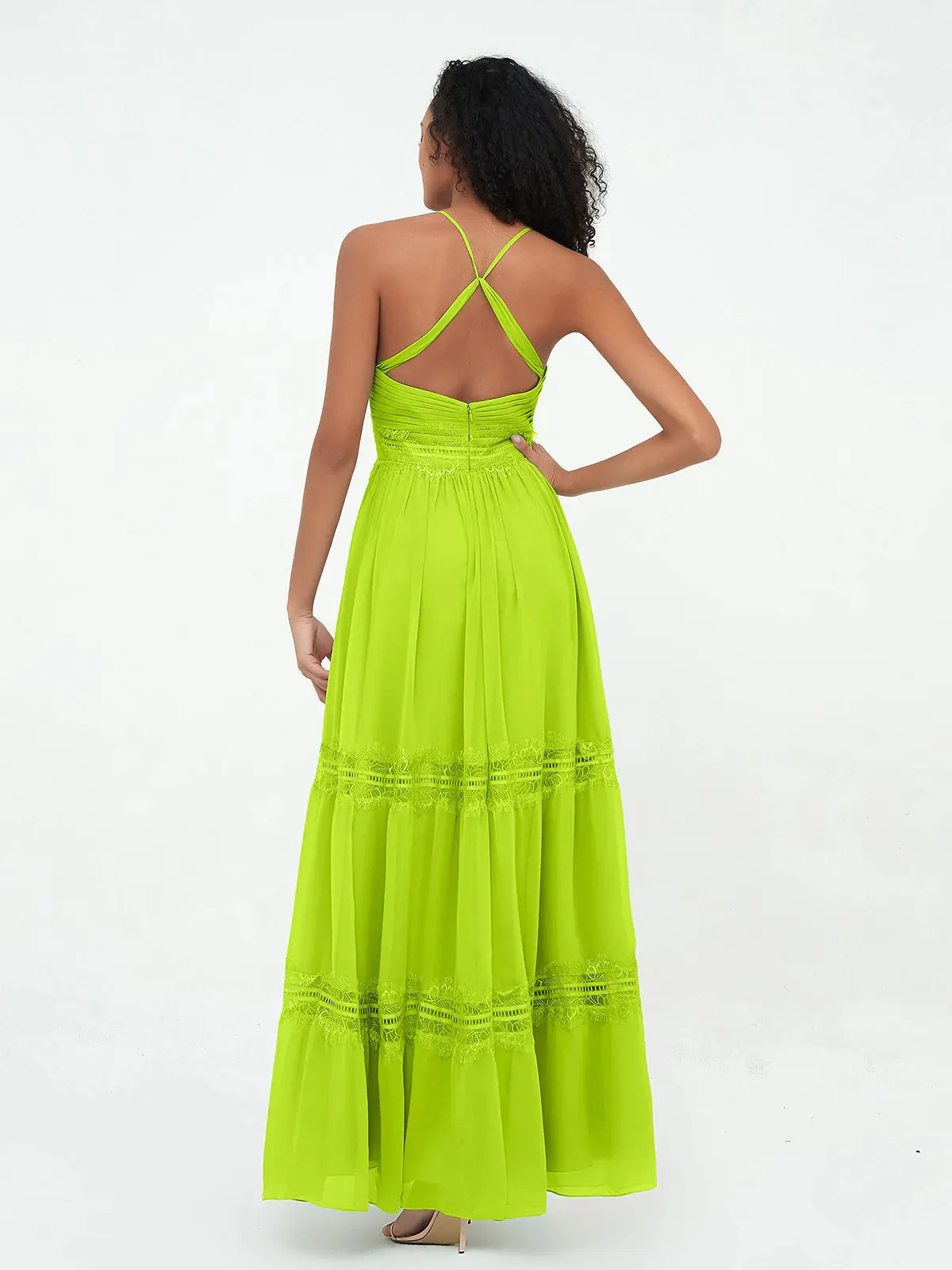 Lace and Chiffon Tiered Skirt Boho Dresses-Lime Green Bridesmaid Dresses